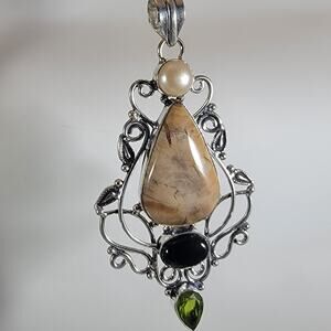 Gemstone Pendant Necklace – Petrified Wood, Pearl, Onyx & Peridot + Silver Chain